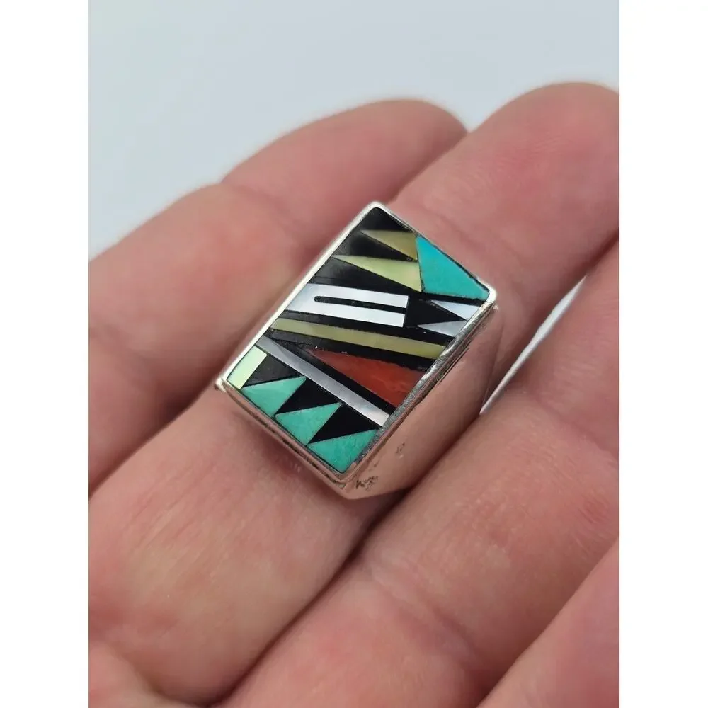 Zuni Bowannie Men's Sterling Inlay Signet Ring size 11 Turquoise Coral Shell